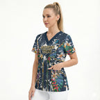 Gold Coast Titans Scrub Top Tropical Hibiscus Floral Pattern With Blue And Yellow Accents