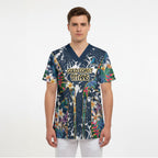 Gold Coast Titans Scrub Top Tropical Hibiscus Floral Pattern With Blue And Yellow Accents