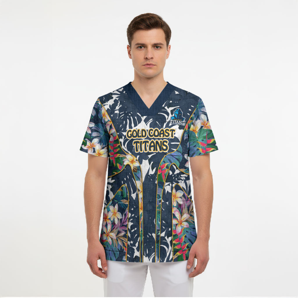 Gold Coast Titans Scrub Top Tropical Hibiscus Floral Pattern With Blue And Yellow Accents