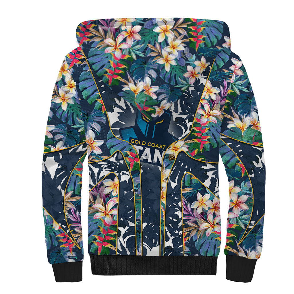 Gold Coast Titans Sherpa Hoodie Tropical Hibiscus Floral Pattern With Blue And Yellow Accents