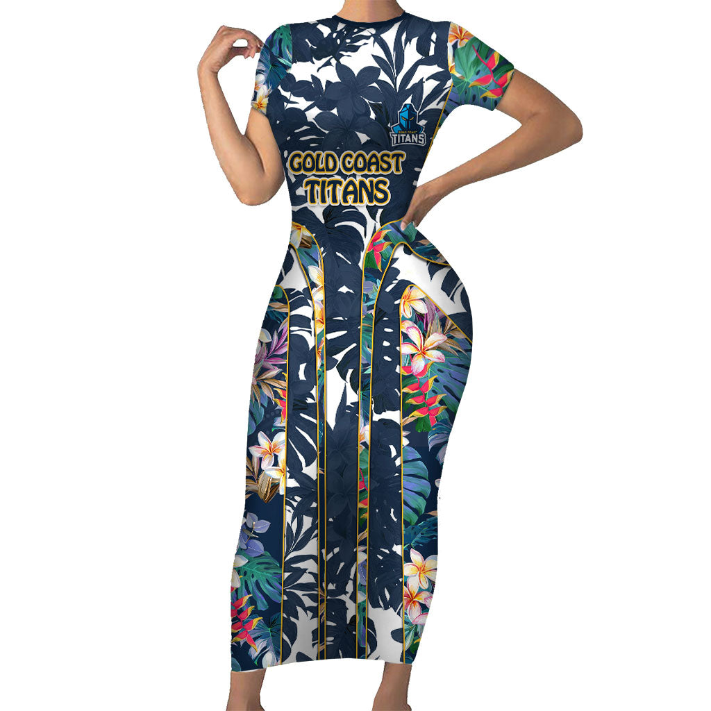 Gold Coast Titans Short Sleeve Bodycon Dress Tropical Hibiscus Floral Pattern With Blue And Yellow Accents