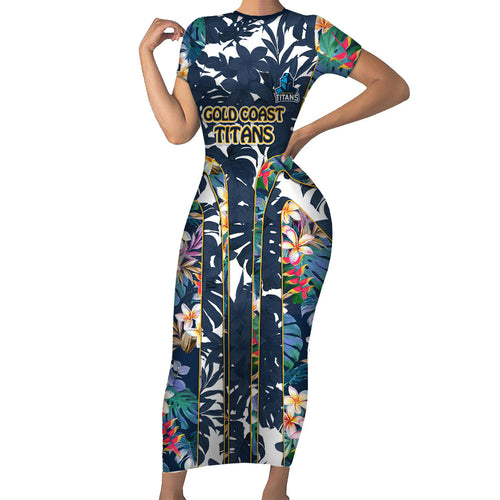 Gold Coast Titans Short Sleeve Bodycon Dress Tropical Hibiscus Floral Pattern With Blue And Yellow Accents