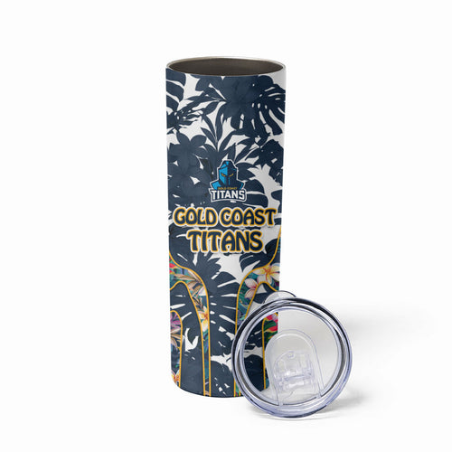 Gold Coast Titans Skinny Tumbler Tropical Hibiscus Floral Pattern With Blue And Yellow Accents