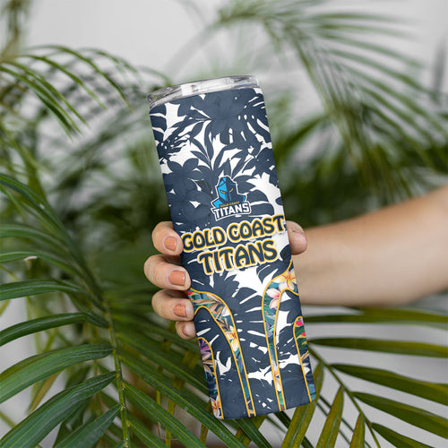 Gold Coast Titans Skinny Tumbler Tropical Hibiscus Floral Pattern With Blue And Yellow Accents