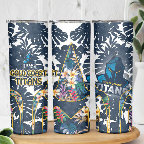 Gold Coast Titans Skinny Tumbler Tropical Hibiscus Floral Pattern With Blue And Yellow Accents