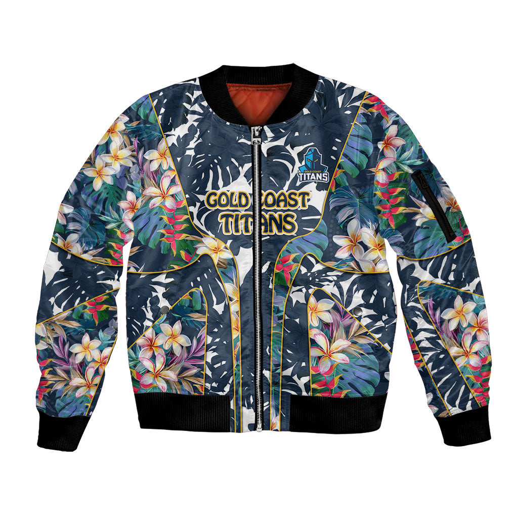 Gold Coast Titans Sleeve Zip Bomber Jacket Tropical Hibiscus Floral Pattern With Blue And Yellow Accents