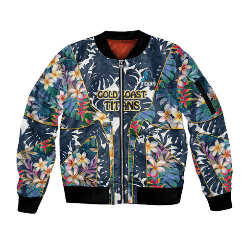 Gold Coast Titans Sleeve Zip Bomber Jacket Tropical Hibiscus Floral Pattern With Blue And Yellow Accents
