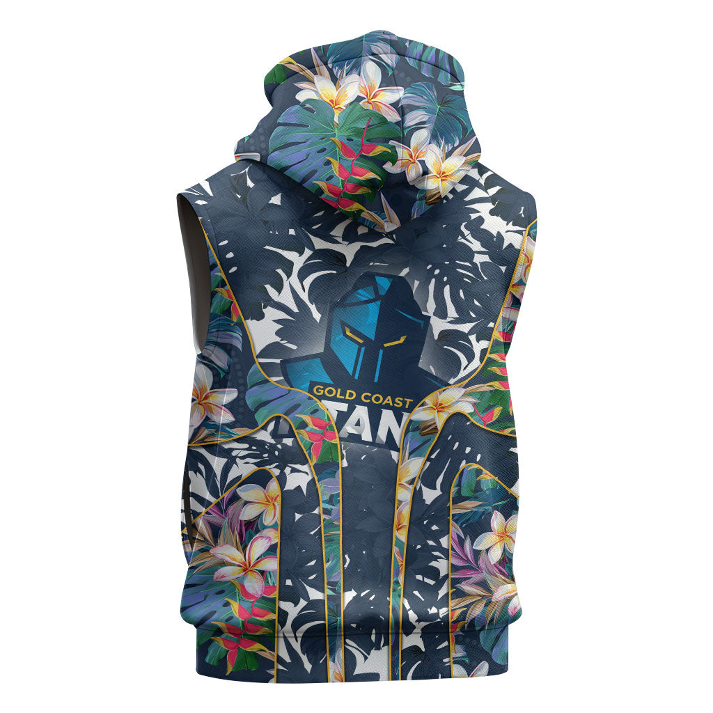Gold Coast Titans Sleeveless Hoodie Tropical Hibiscus Floral Pattern With Blue And Yellow Accents