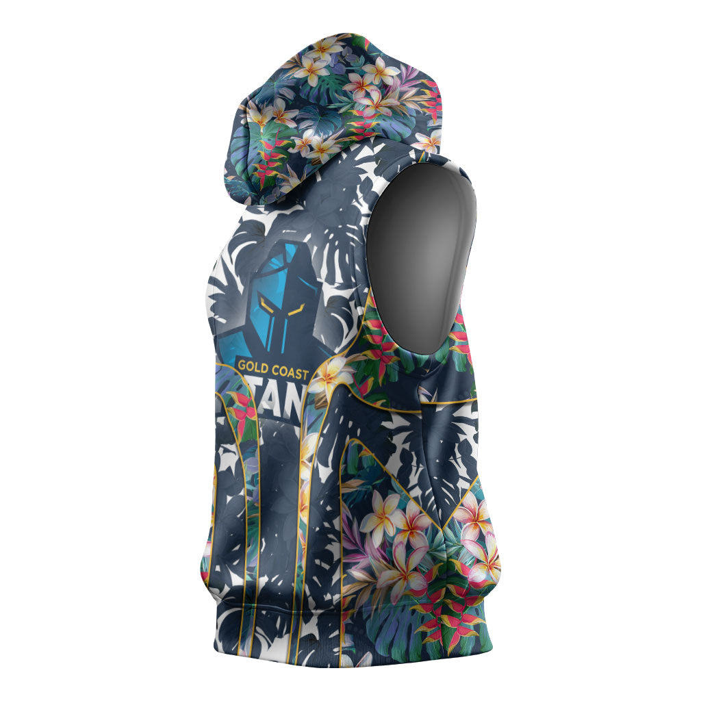 Gold Coast Titans Sleeveless Hoodie Tropical Hibiscus Floral Pattern With Blue And Yellow Accents