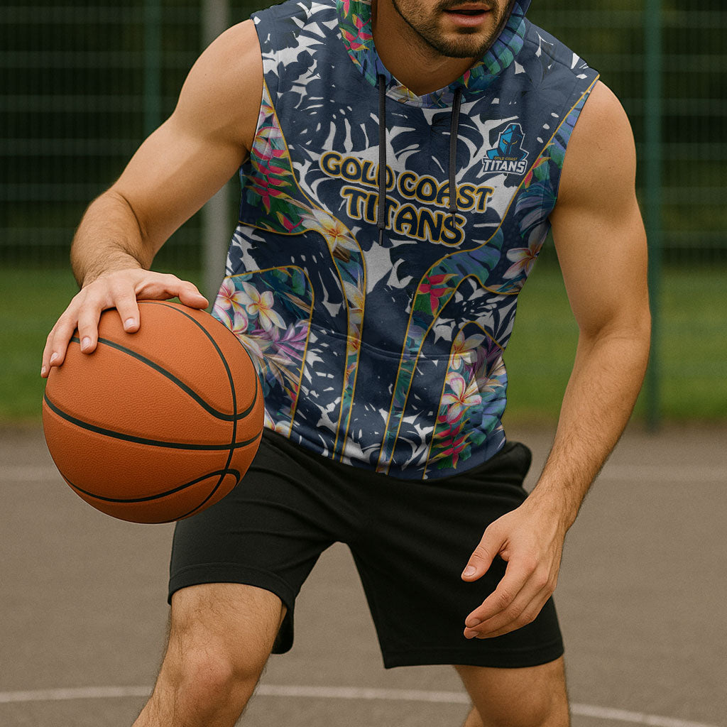 Gold Coast Titans Sleeveless Hoodie Tropical Hibiscus Floral Pattern With Blue And Yellow Accents
