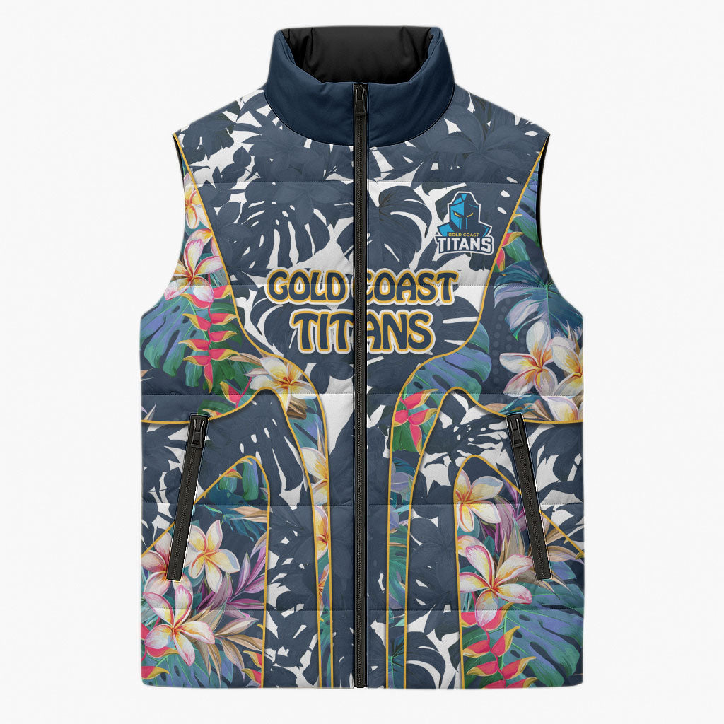 Gold Coast Titans Sleeveless Puffer Jacket Tropical Hibiscus Floral Pattern With Blue And Yellow Accents