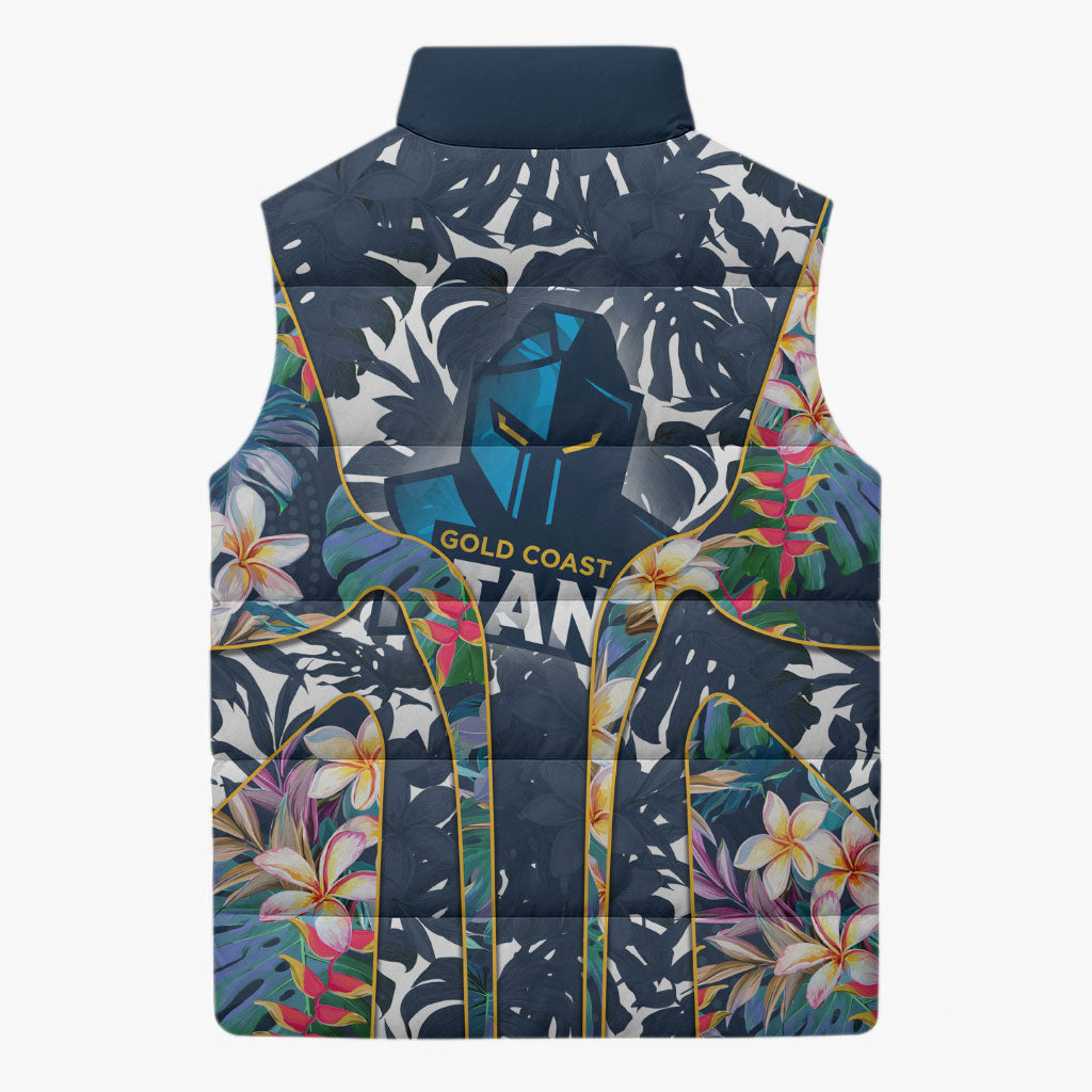 Gold Coast Titans Sleeveless Puffer Jacket Tropical Hibiscus Floral Pattern With Blue And Yellow Accents