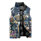 Gold Coast Titans Sleeveless Puffer Jacket Tropical Hibiscus Floral Pattern With Blue And Yellow Accents
