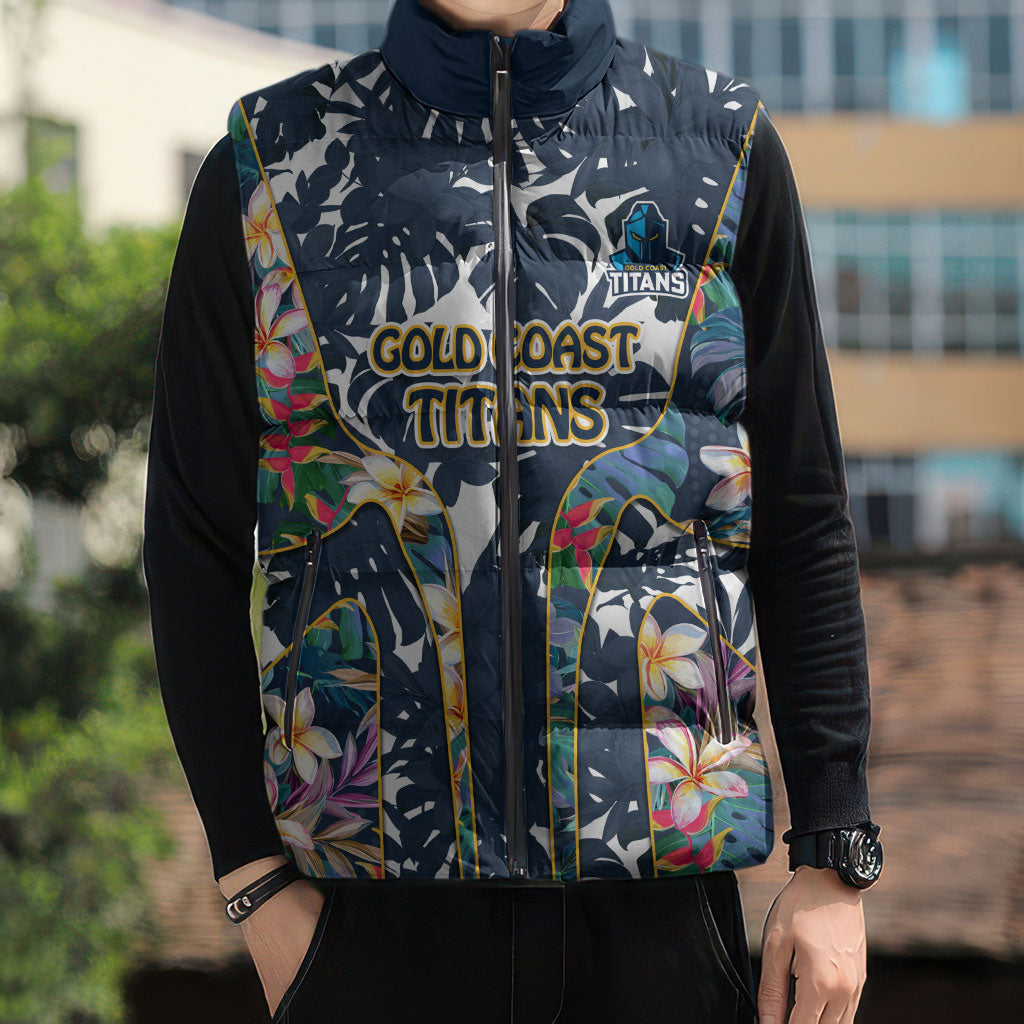 Gold Coast Titans Sleeveless Puffer Jacket Tropical Hibiscus Floral Pattern With Blue And Yellow Accents