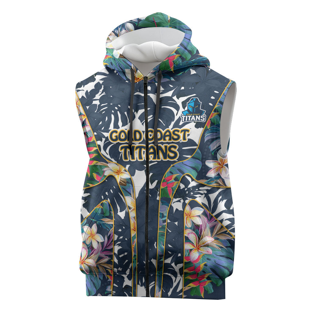 Gold Coast Titans Sleeveless Zip Hoodie Tropical Hibiscus Floral Pattern With Blue And Yellow Accents