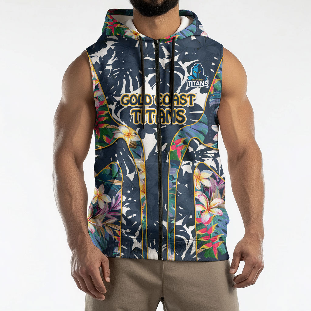Gold Coast Titans Sleeveless Zip Hoodie Tropical Hibiscus Floral Pattern With Blue And Yellow Accents