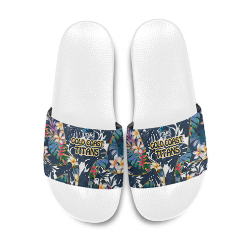Gold Coast Titans Slide Sandals Tropical Hibiscus Floral Pattern With Blue And Yellow Accents