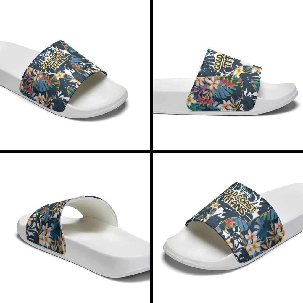 Gold Coast Titans Slide Sandals Tropical Hibiscus Floral Pattern With Blue And Yellow Accents