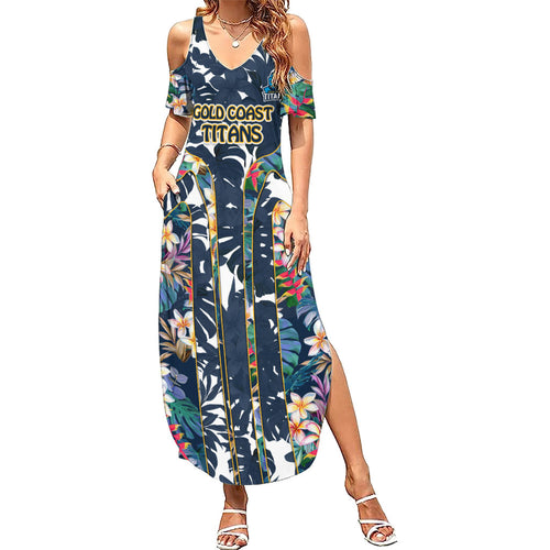 Gold Coast Titans Summer Maxi Dress Tropical Hibiscus Floral Pattern With Blue And Yellow Accents
