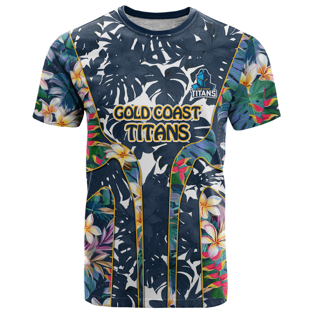 Gold Coast Titans T Shirt Tropical Hibiscus Floral Pattern With Blue And Yellow Accents