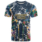 Gold Coast Titans T Shirt Tropical Hibiscus Floral Pattern With Blue And Yellow Accents