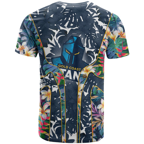 Gold Coast Titans T Shirt Tropical Hibiscus Floral Pattern With Blue And Yellow Accents