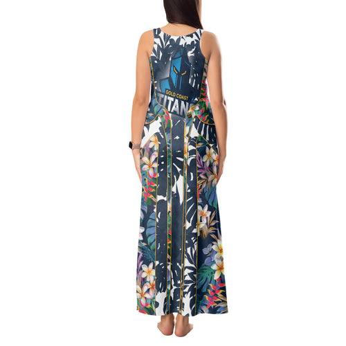 Gold Coast Titans Tank Maxi Dress Tropical Hibiscus Floral Pattern With Blue And Yellow Accents