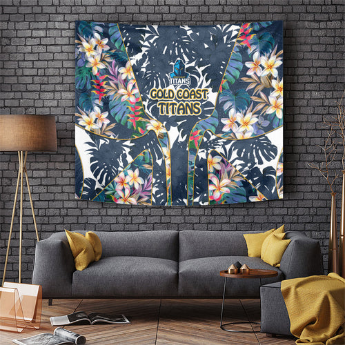 Gold Coast Titans Tapestry Tropical Hibiscus Floral Pattern With Blue And Yellow Accents