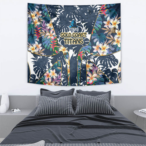 Gold Coast Titans Tapestry Tropical Hibiscus Floral Pattern With Blue And Yellow Accents