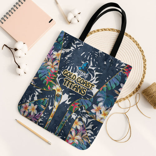 Gold Coast Titans Tote Bag Tropical Hibiscus Floral Pattern With Blue And Yellow Accents