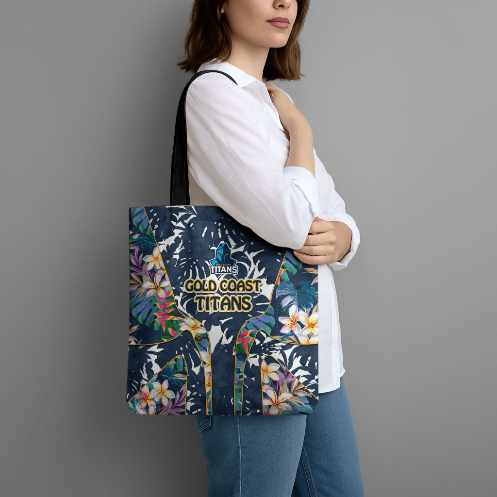 Gold Coast Titans Tote Bag Tropical Hibiscus Floral Pattern With Blue And Yellow Accents