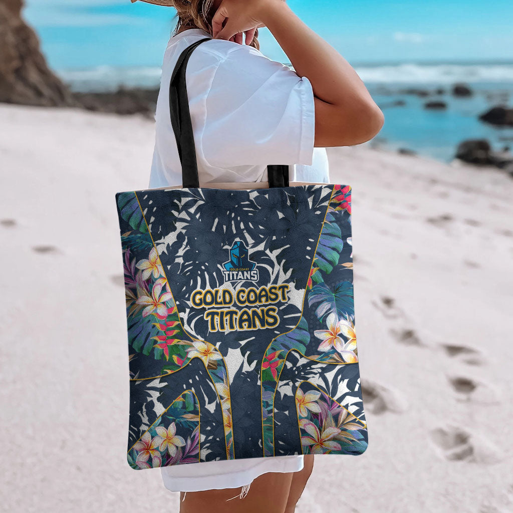 Gold Coast Titans Tote Bag Tropical Hibiscus Floral Pattern With Blue And Yellow Accents
