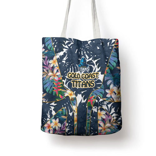 Gold Coast Titans Tote Bag Tropical Hibiscus Floral Pattern With Blue And Yellow Accents