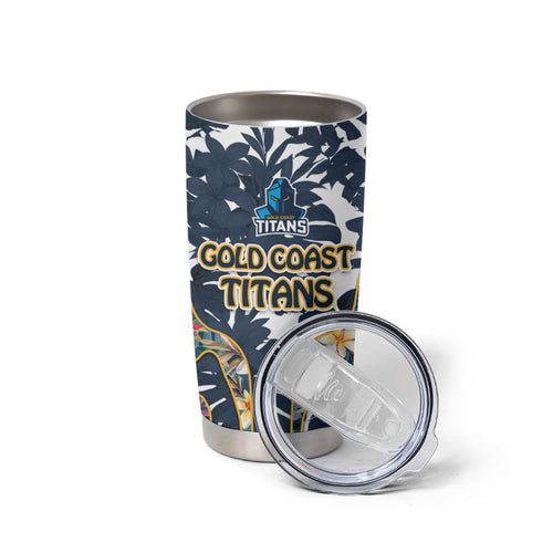 Gold Coast Titans Tumbler Cup Tropical Hibiscus Floral Pattern With Blue And Yellow Accents