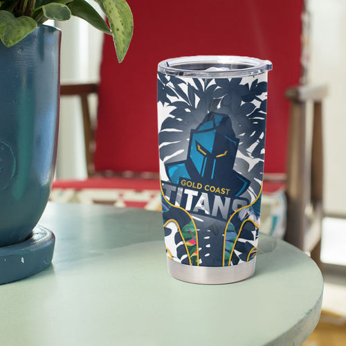 Gold Coast Titans Tumbler Cup Tropical Hibiscus Floral Pattern With Blue And Yellow Accents