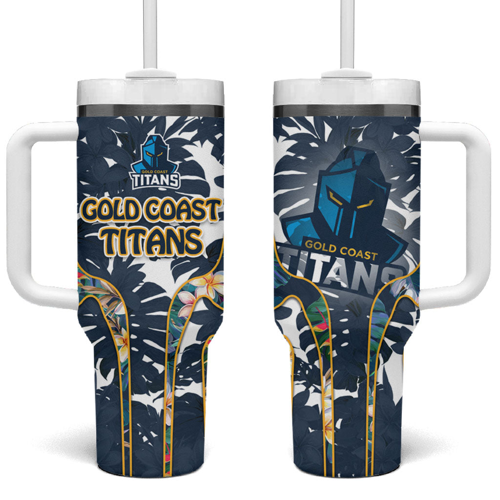 Gold Coast Titans Tumbler With Handle Tropical Hibiscus Floral Pattern With Blue And Yellow Accents