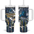 Gold Coast Titans Tumbler With Handle Tropical Hibiscus Floral Pattern With Blue And Yellow Accents