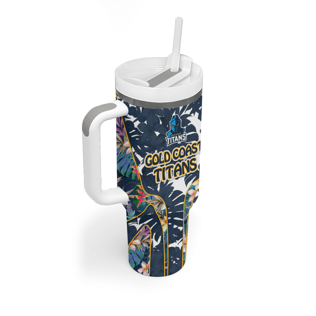 Gold Coast Titans Tumbler With Handle Tropical Hibiscus Floral Pattern With Blue And Yellow Accents
