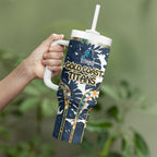 Gold Coast Titans Tumbler With Handle Tropical Hibiscus Floral Pattern With Blue And Yellow Accents