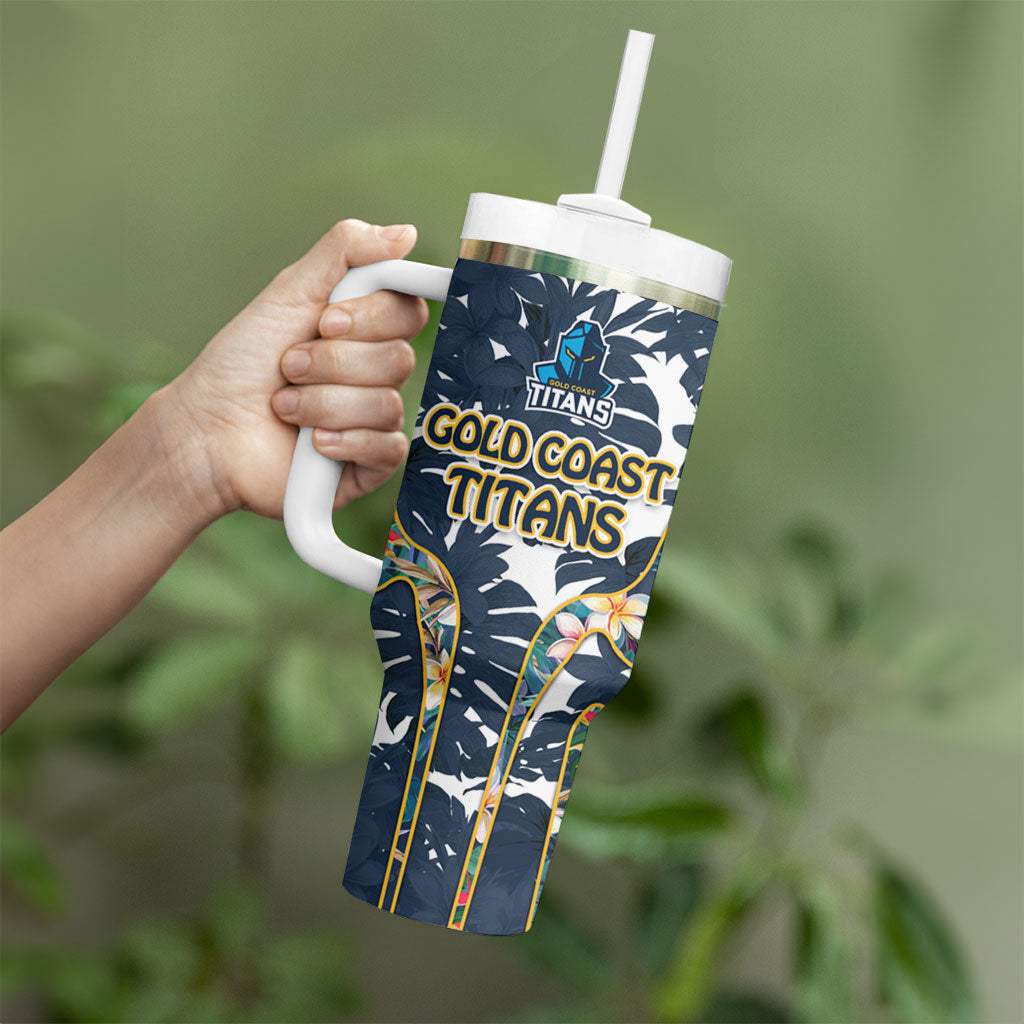 Gold Coast Titans Tumbler With Handle Tropical Hibiscus Floral Pattern With Blue And Yellow Accents