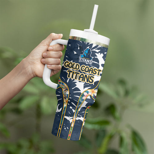 Gold Coast Titans Tumbler With Handle Tropical Hibiscus Floral Pattern With Blue And Yellow Accents