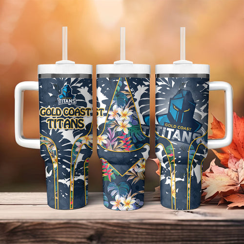 Gold Coast Titans Tumbler With Handle Tropical Hibiscus Floral Pattern With Blue And Yellow Accents