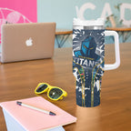 Gold Coast Titans Tumbler With Handle Tropical Hibiscus Floral Pattern With Blue And Yellow Accents