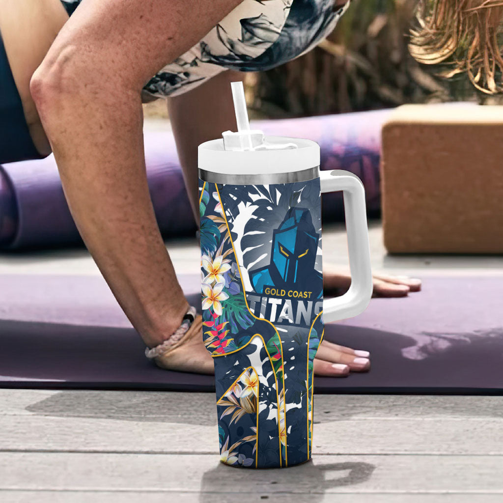 Gold Coast Titans Tumbler With Handle Tropical Hibiscus Floral Pattern With Blue And Yellow Accents