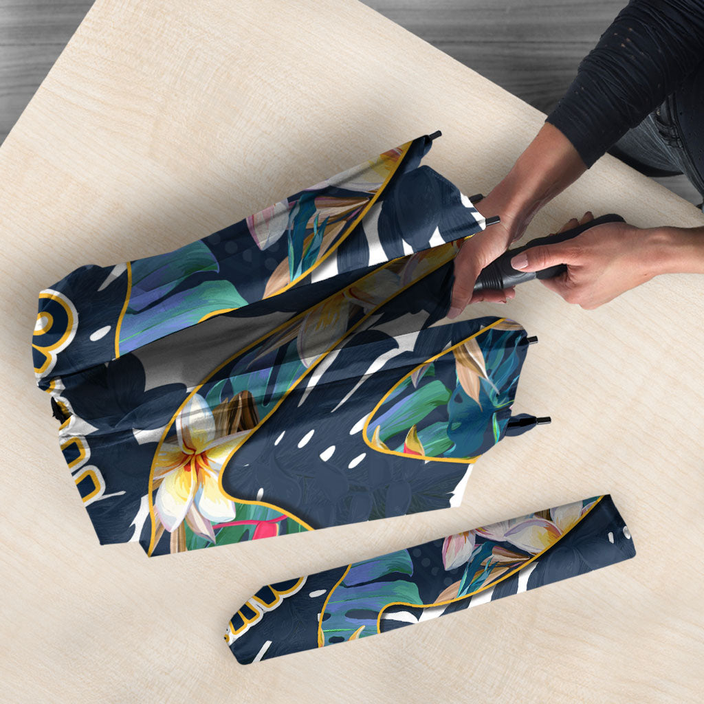 Gold Coast Titans Umbrella Tropical Hibiscus Floral Pattern With Blue And Yellow Accents
