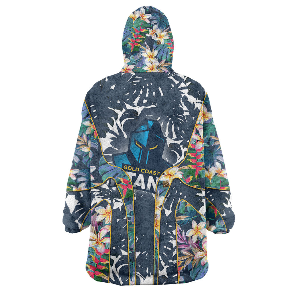 Gold Coast Titans Wearable Blanket Hoodie Tropical Hibiscus Floral Pattern With Blue And Yellow Accents