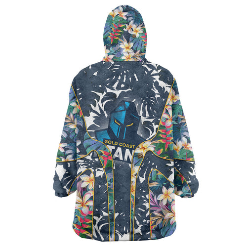 Gold Coast Titans Wearable Blanket Hoodie Tropical Hibiscus Floral Pattern With Blue And Yellow Accents