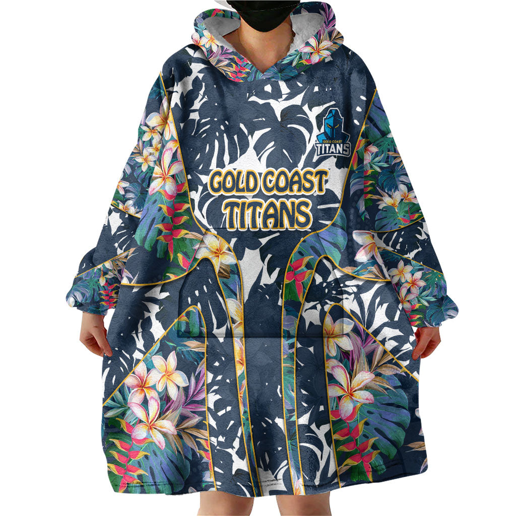 Gold Coast Titans Wearable Blanket Hoodie Tropical Hibiscus Floral Pattern With Blue And Yellow Accents