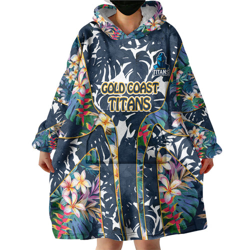 Gold Coast Titans Wearable Blanket Hoodie Tropical Hibiscus Floral Pattern With Blue And Yellow Accents