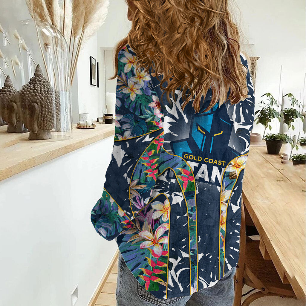 Gold Coast Titans Women Casual Shirt Tropical Hibiscus Floral Pattern With Blue And Yellow Accents